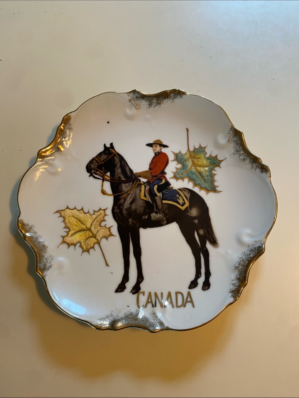 Vintage Canada Mountie Decorative Trinket Dish - White and Gold RCMP Japan